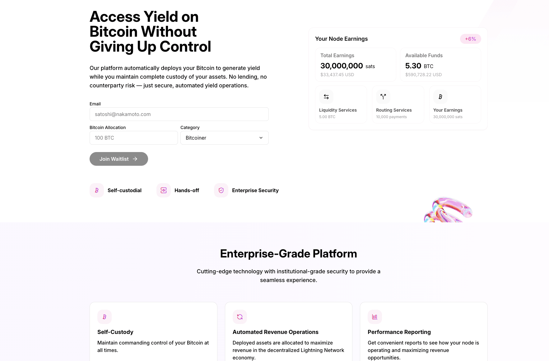 Enabling Self-Custodial Bitcoin Yield primary product view