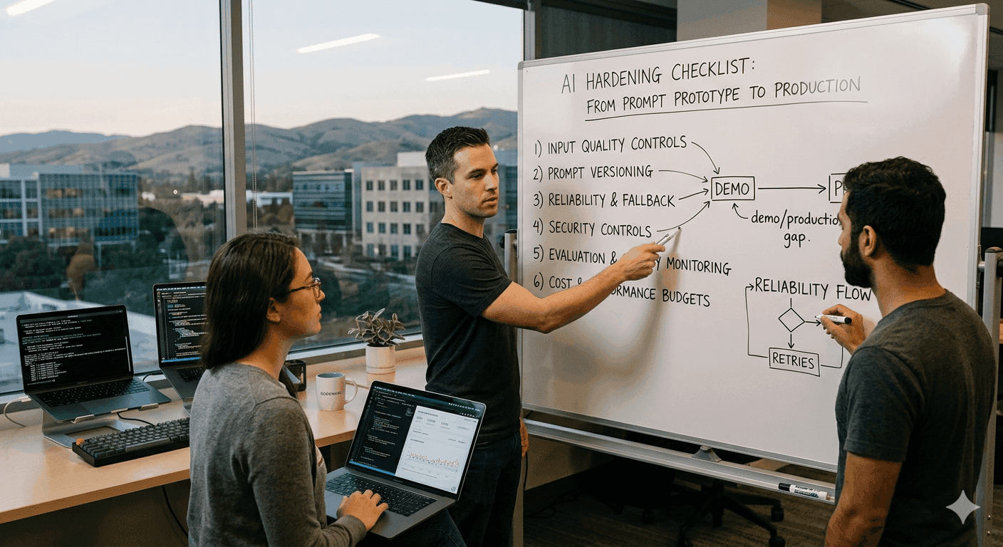 Checklist UI next to a model output panel in a dark product dashboard
