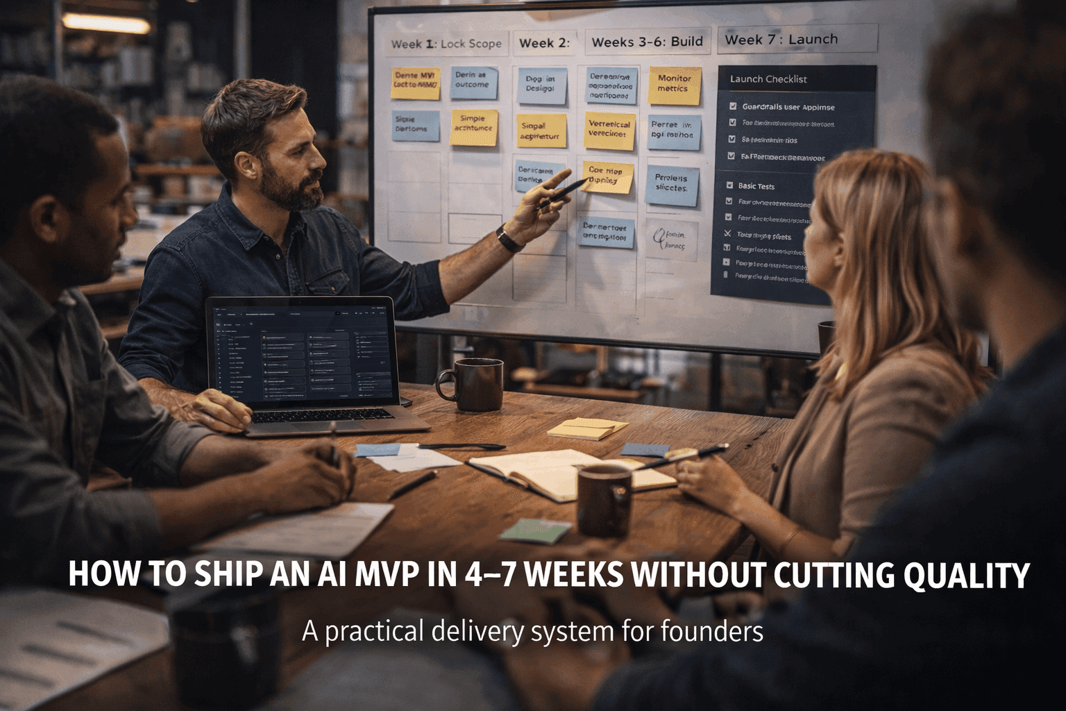 Product planning board with sprint milestones and launch checklist