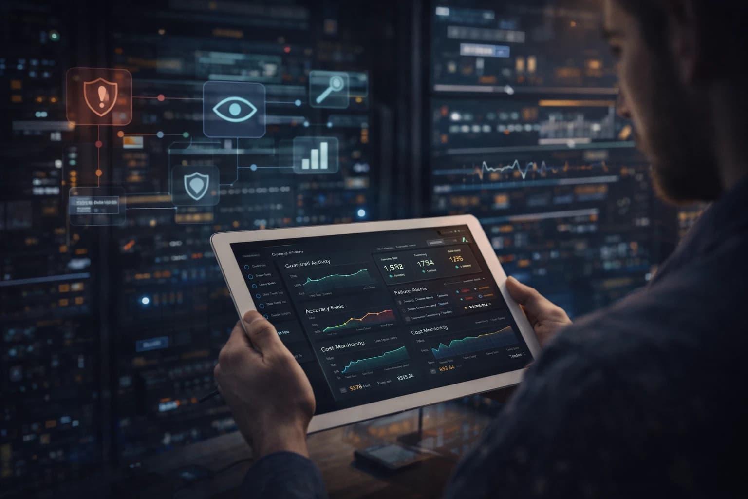 Engineer monitoring AI system performance and quality metrics in a modern workspace
