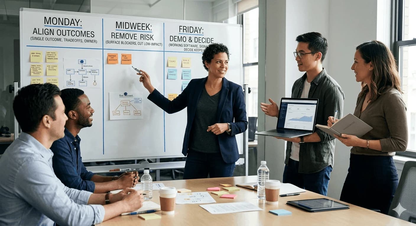 Founder reviewing roadmap milestones with a delivery team