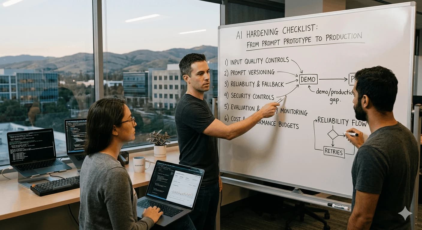 Checklist UI next to a model output panel in a dark product dashboard