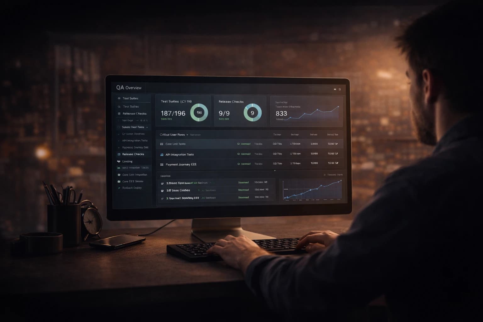QA dashboard with test suites and release checks